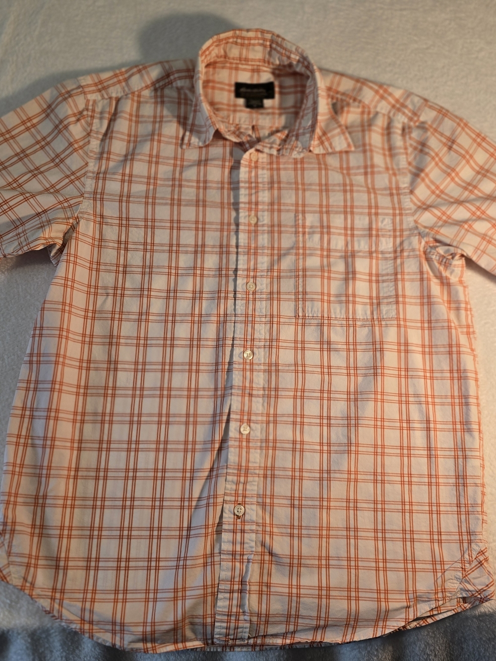 Eddie Bauer Men’s M Orange White Plaid Short Sleeve Button Up Shirt Pocket